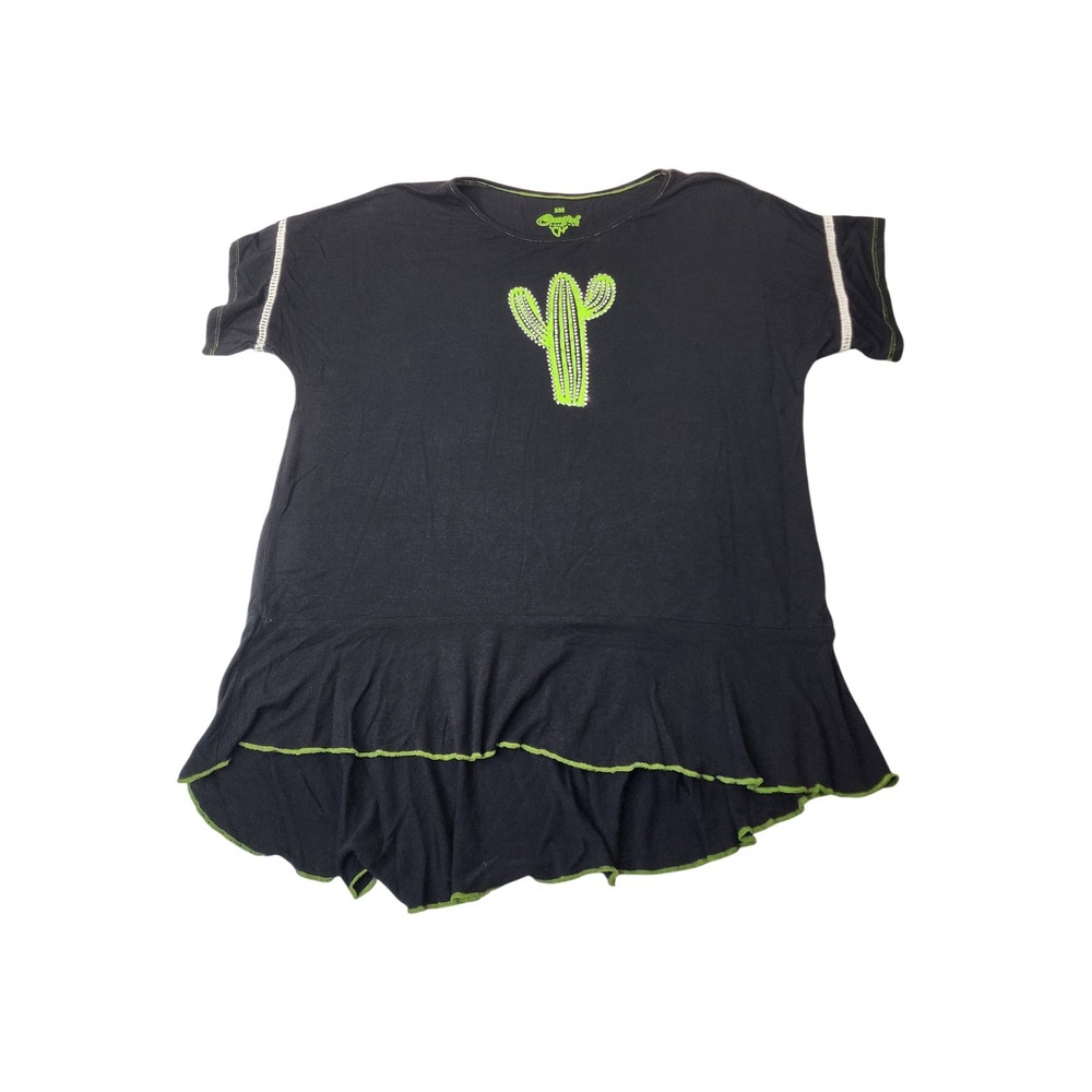 Cowgirl Hardware Top S Black Neon Cactus Print Peplum High Low Western Tee